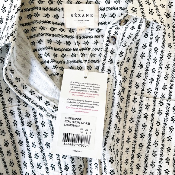 Sezane Jeanne Dress Shirt Dress Off White Black Flowers 34 US 2 - Picture 4 of 7
